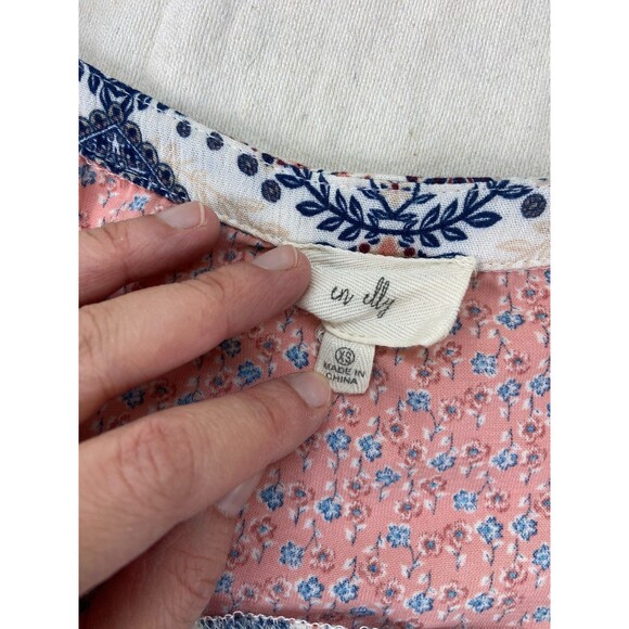 EUC En Elly Anthropologie XS Pink Floral Tunic Drawstring Pockets Roll Tab Flowy - Picture 3 of 9